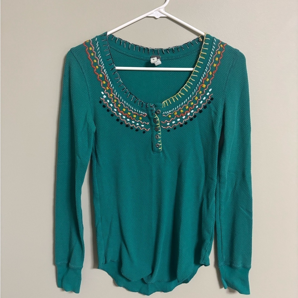 Free People Embroidered Waffle Knit Teal Boho Long Sleeve Womens Size Medium